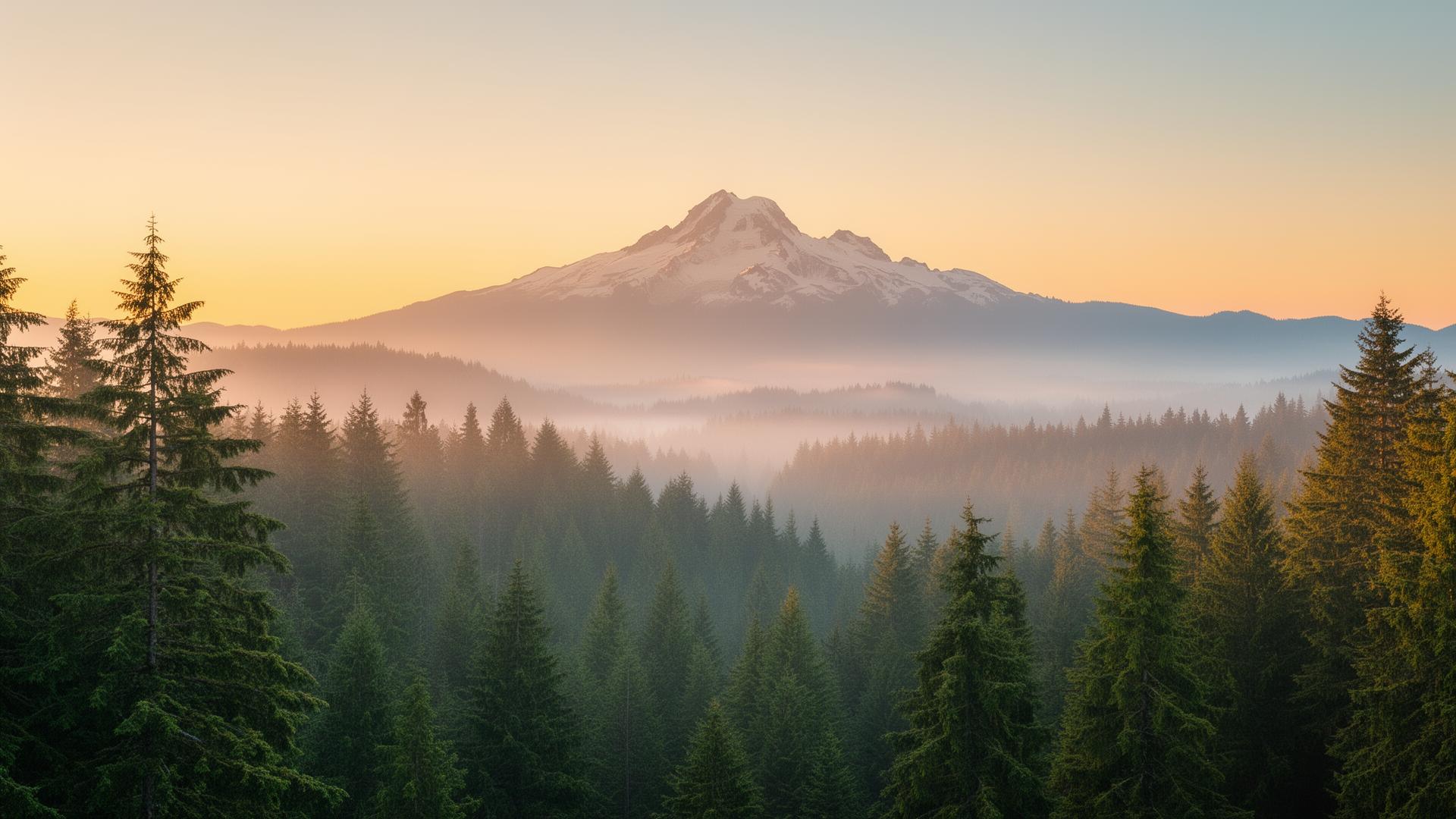 Oregon Cascade mountains at golden hour with misty evergreen forest